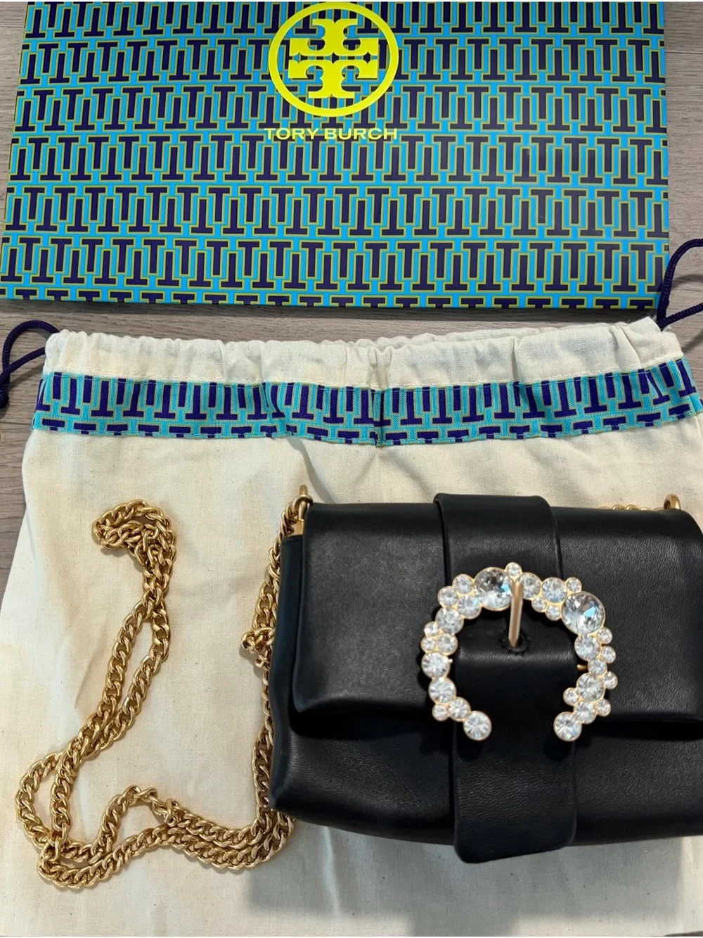 Tory Burch Black Leather Chain Crossbody with Crystal Buckle